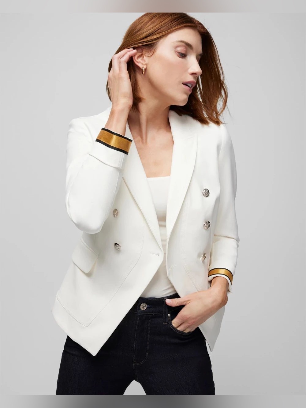 White House Black Market Women 12 Ecru Studio Blazer Double Breasted Work Jacket